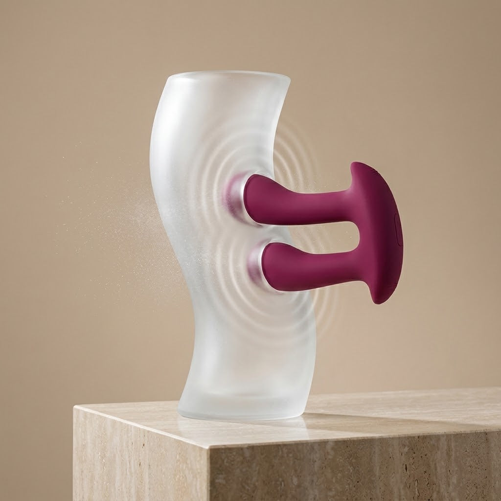 Purple Musical Note wearable vibrator shown against a translucent display