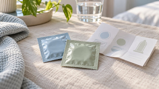 Sealed, unbranded condom wrappers and an instruction leaflet on a linen surface.