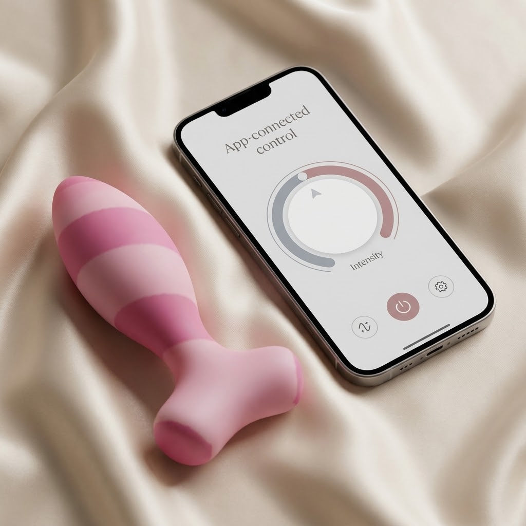Pink app-controlled vibrator beside a phone displaying controls