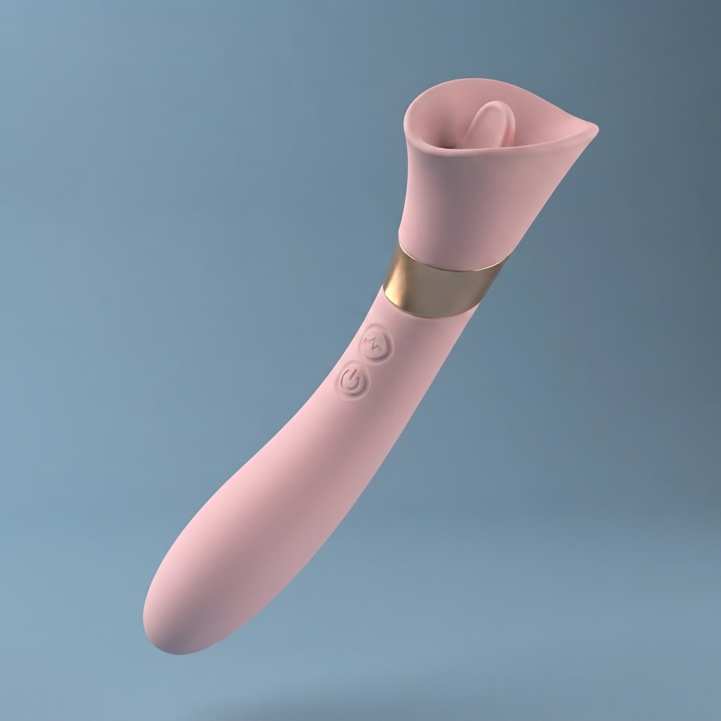 Petal flower-shaped air-pulse suction vibrator in blush pink with gold accent ring, full product view on blue background – Olyon