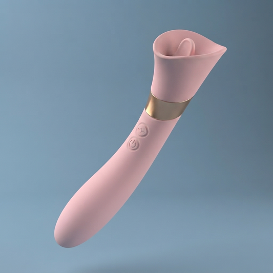 Petal flower-shaped air-pulse suction vibrator in blush pink with gold accent ring, full product view on blue background – Olyon