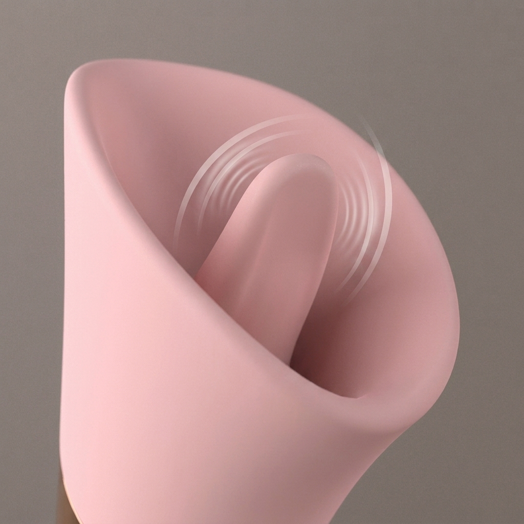 Macro close-up of Petal vibrator's air-pulse suction opening showing ripple texture and ultra-soft body-safe silicone construction