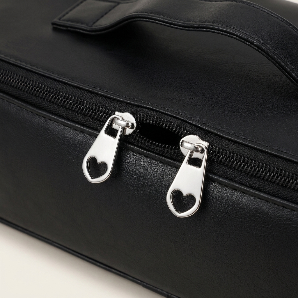 Close-up of the Olyon storage case's two silver zipper pulls and black PU leather handle