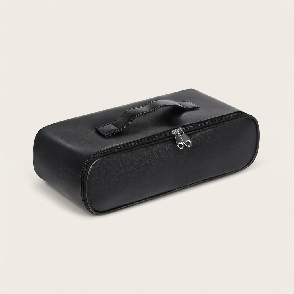 Olyon Discreet Storage Case in black PU leather with an integrated handle and zip-around closure