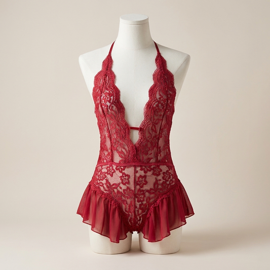Crimson deep-V halter lace bodysuit by Olyon