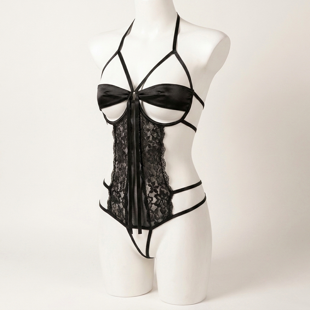 Bold black lace and satin strappy teddy detail by Olyon