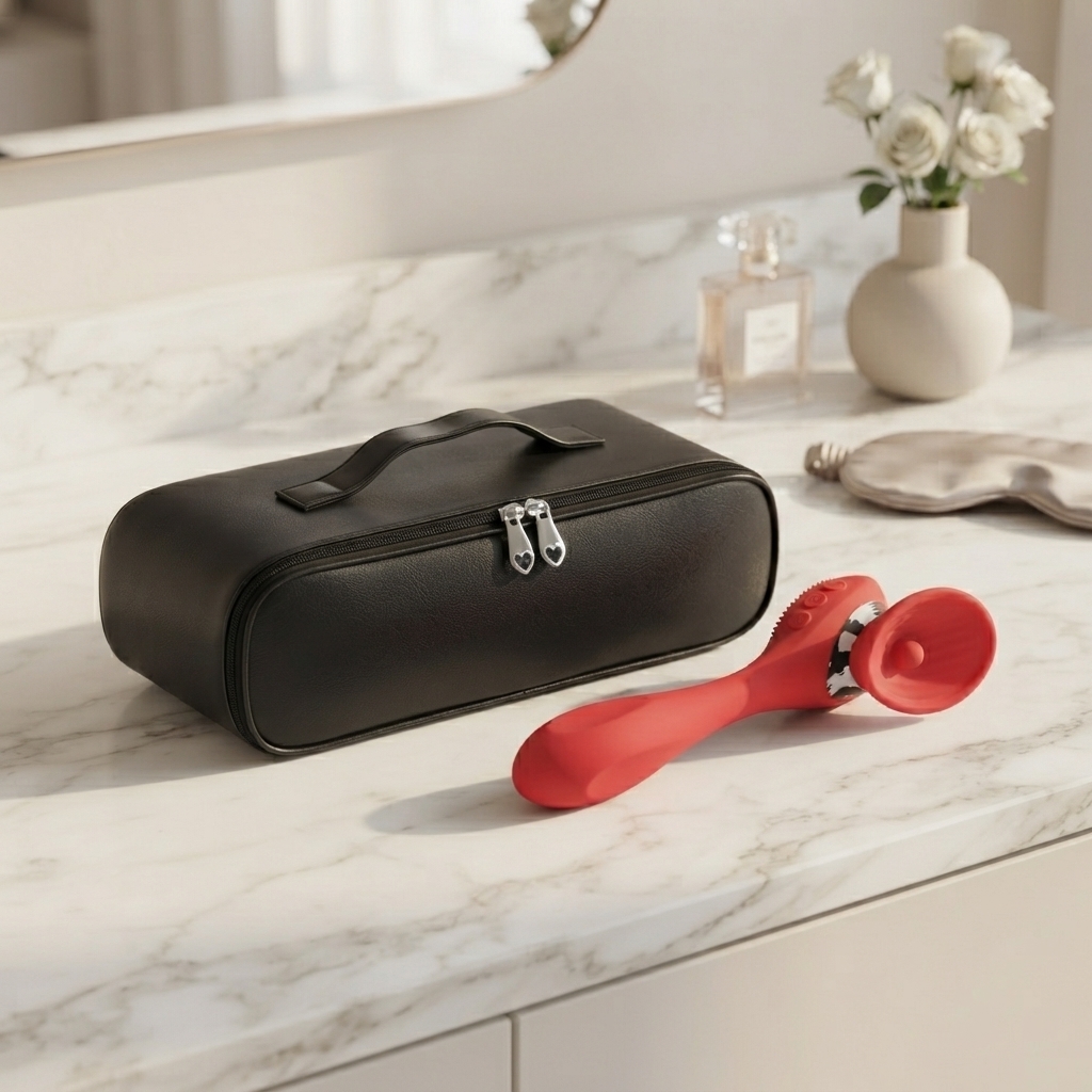 Black Olyon Discreet Storage Case beside a red personal toy on a marble countertop